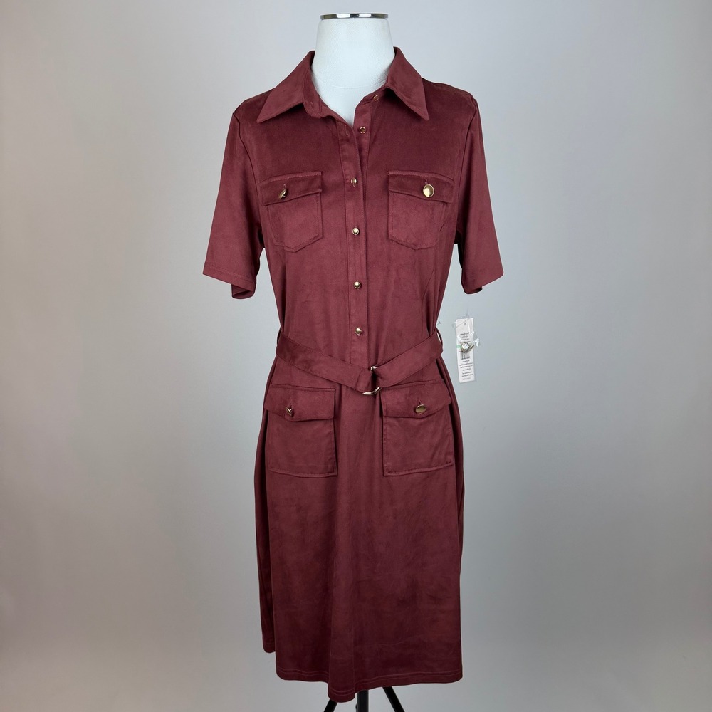 NWT Nanette Lepore Burgundy Faux Suede Belted Shirt Dress Sz 4 Utility Military